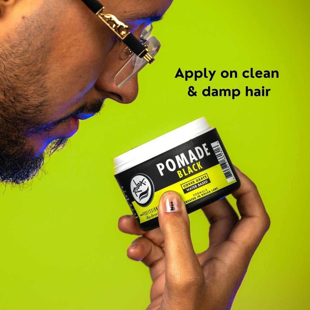 Rolda Black Pomade jar close-up highlighting smooth, non-greasy application.