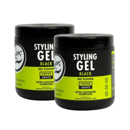 Rolda black styling gel front view showing bold hold and dark finish for dark hair