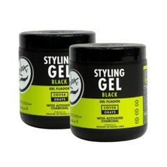 Rolda black styling gel front view showing bold hold and dark finish for dark hair