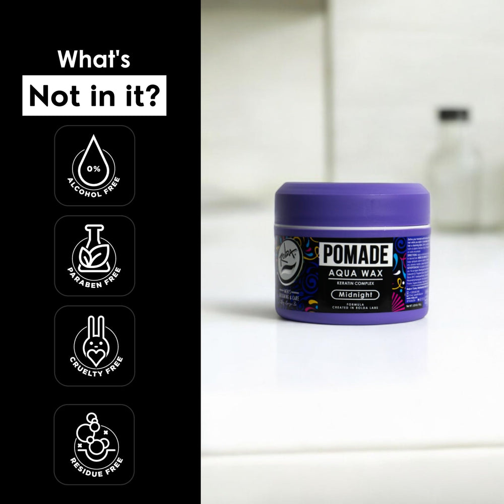 Packaging art for Rolda Midnight Hair Pomade conveys masculine fragrance for daily grooming.