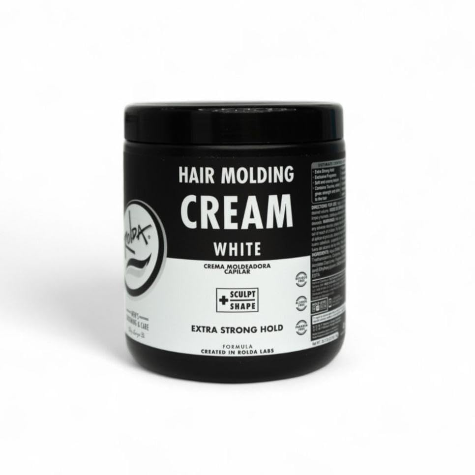 Rolda White Molding Hair Cream bottle closeup showing defining hold