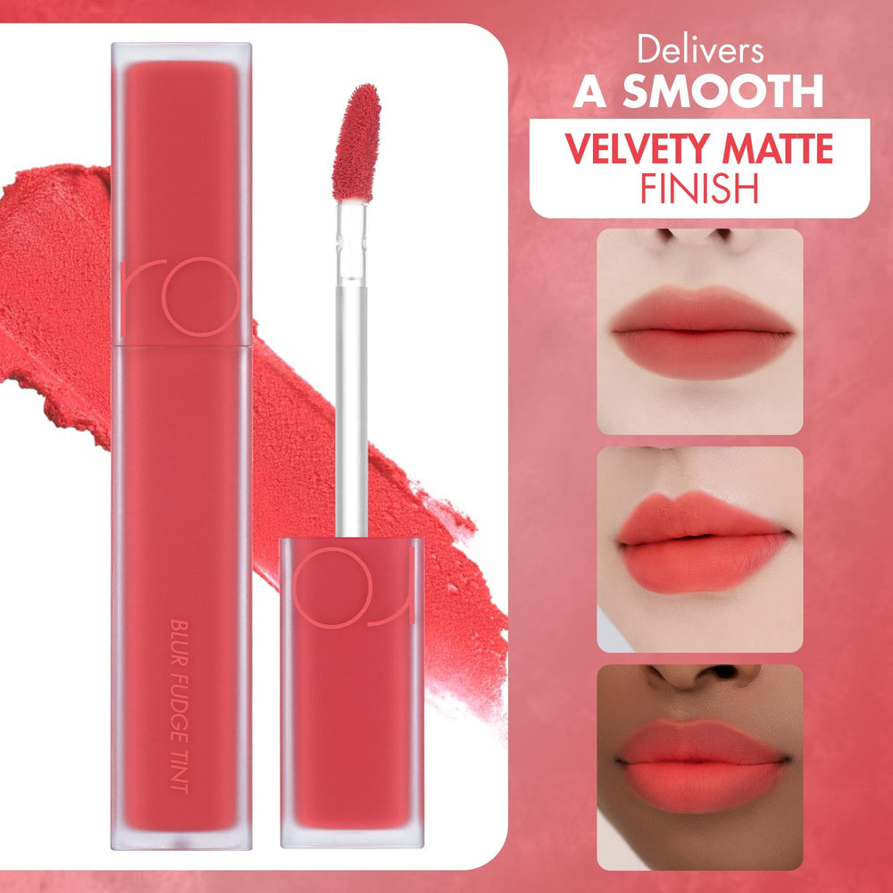 rom&nd Blur Fudge Tint Coral Jubilee close-up highlights velvety finish