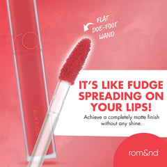 rom&nd Blur Fudge Tint Coral Jubilee texture glide indicates smooth application