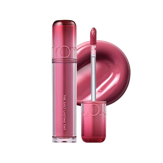 rom&nd The Juicy Lasting Tint Bare Fig swatch showing candied gloss and hydration