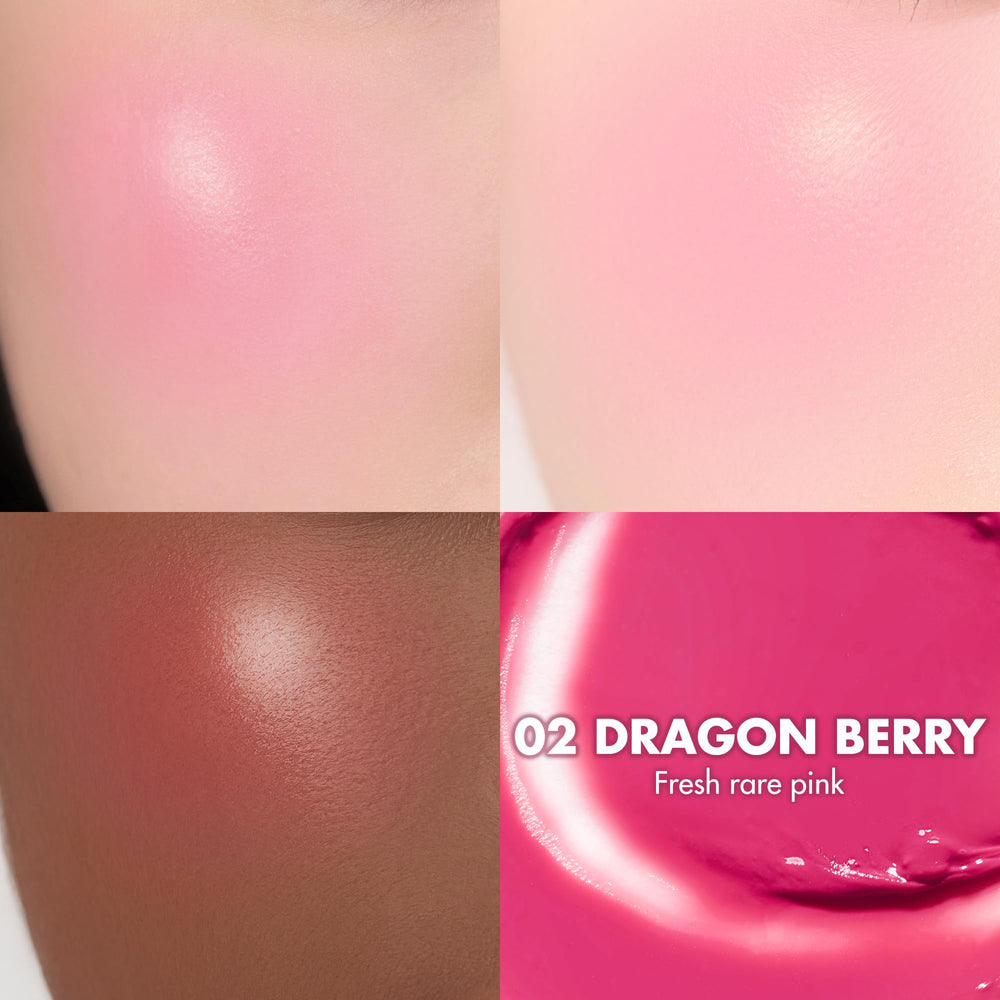 romnd Juicy Roll Cheek Dragon Berry shade on hand shows natural, watercolor-like flush.