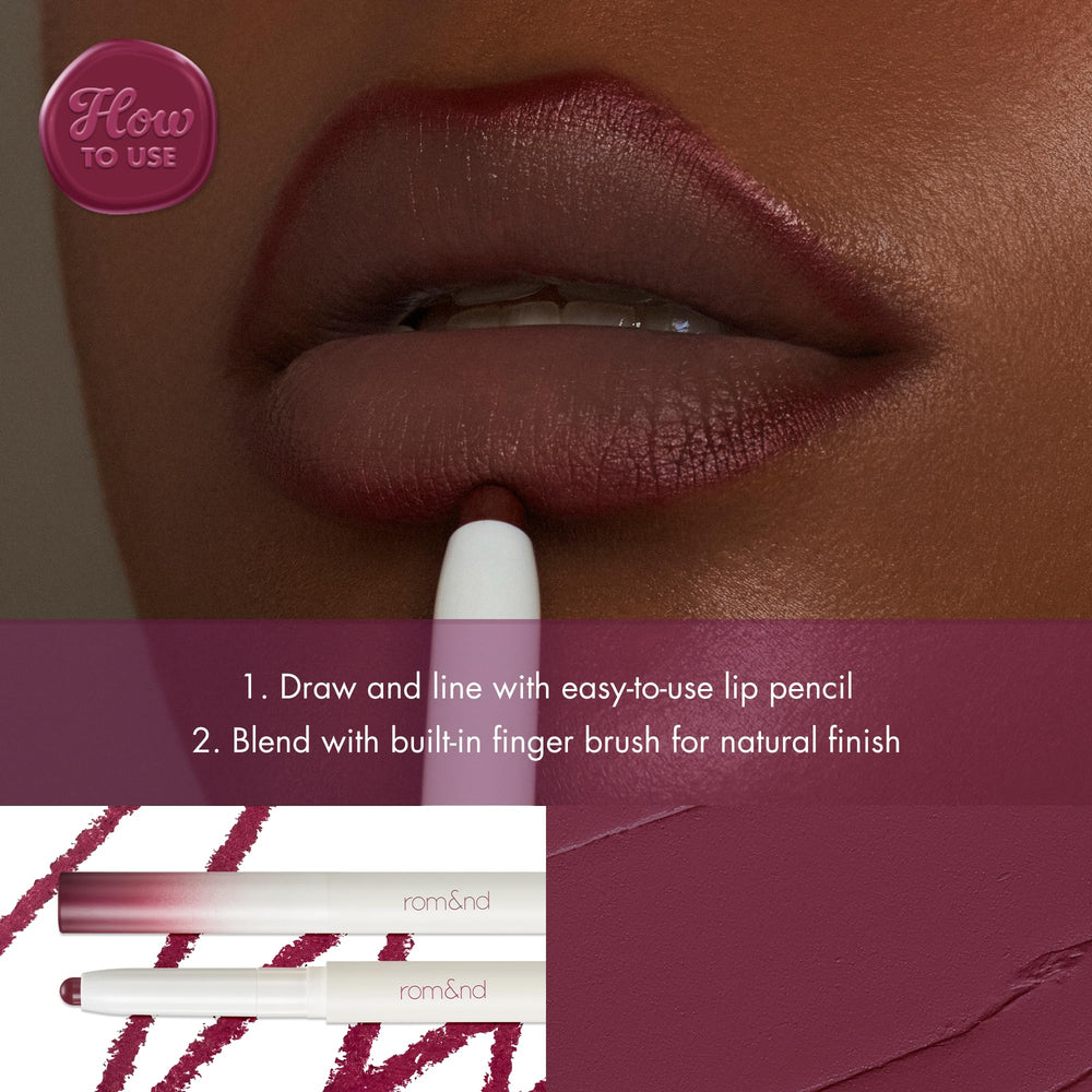 Rom&nd Lip Mate Pencil 09 Plum Burgundy application demonstrating precise lining.