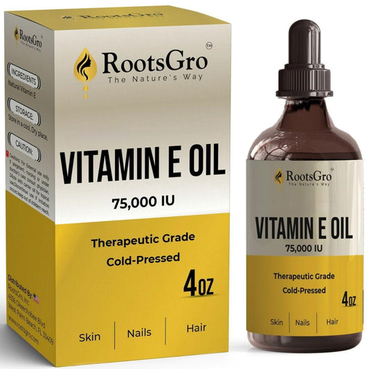 RootsGro Vitamin E Oil bottle closeup showing premium packaging.