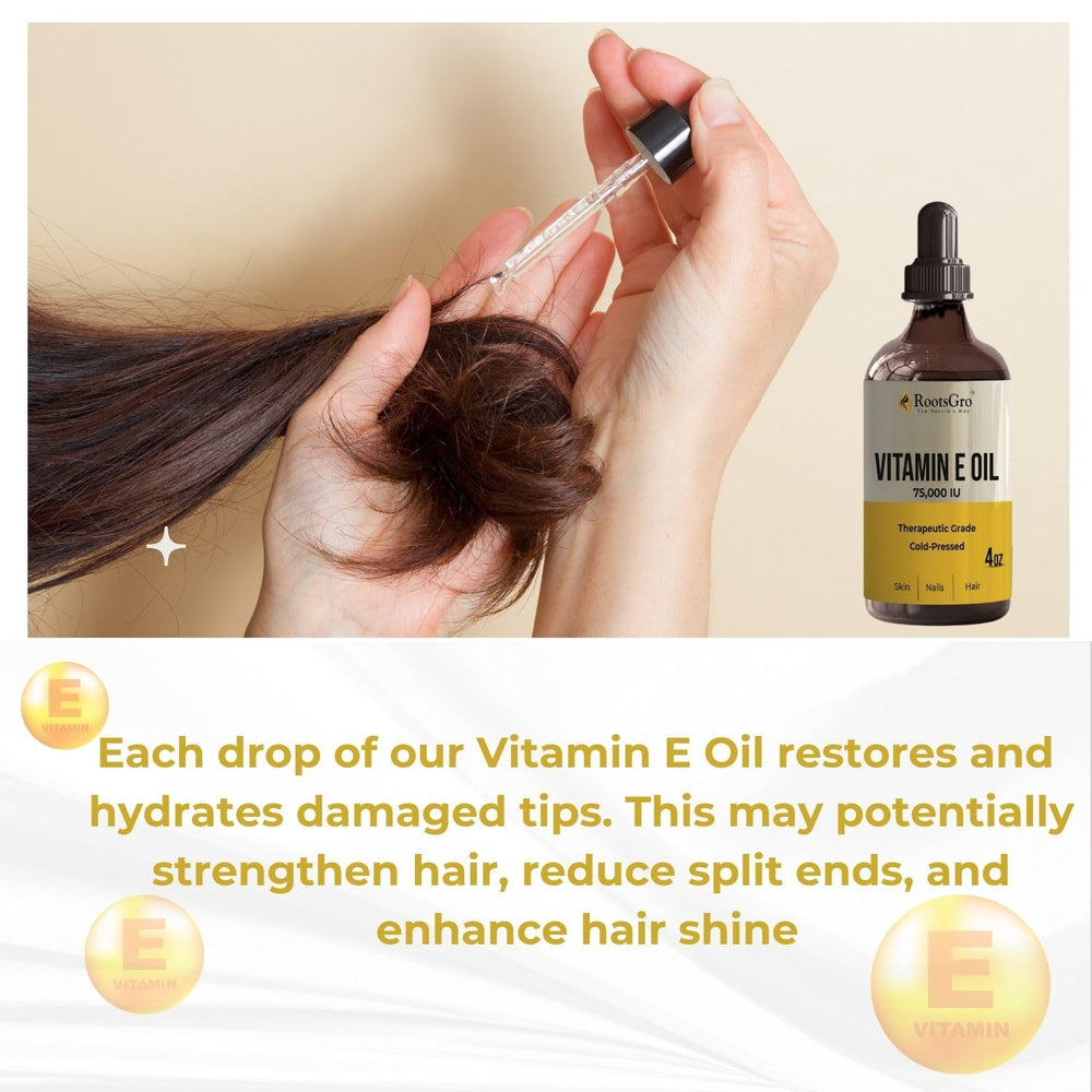 RootsGro Vitamin E Oil dropper used for precise facial application.