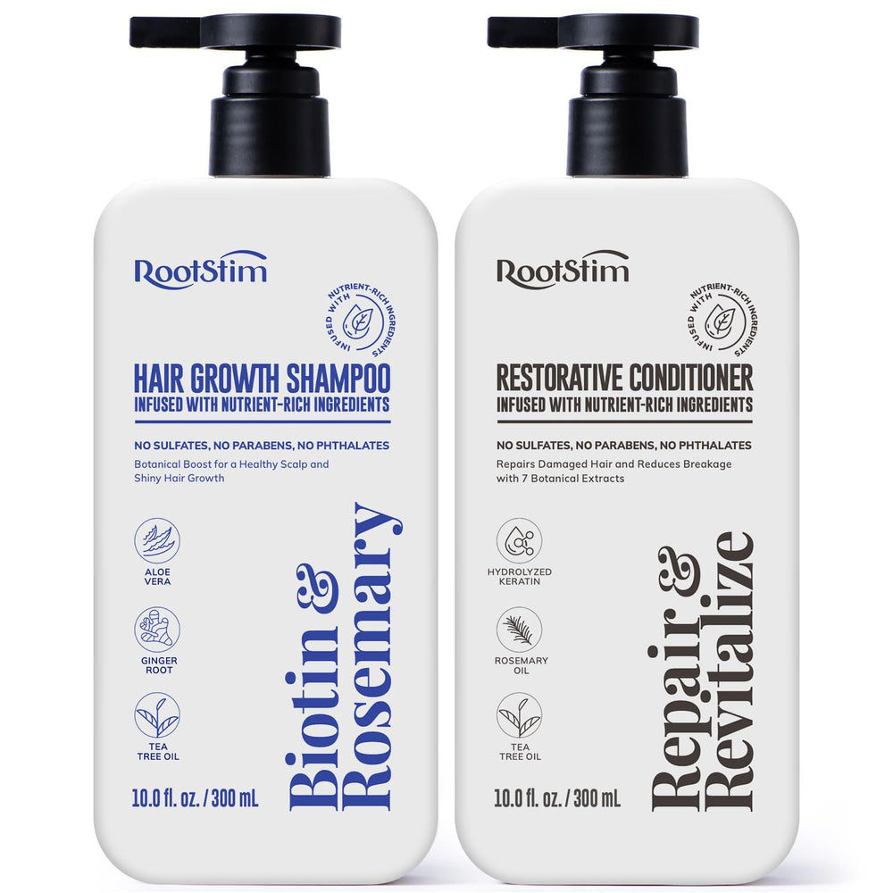 RootStim Hair Growth Shampoo bottle showing biotin and rosemary for fuller-looking hair