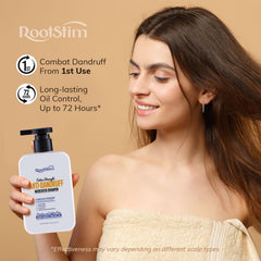 RootStim Seborrheic Dermatitis Shampoo bottle side showing ingredients and usage guidance