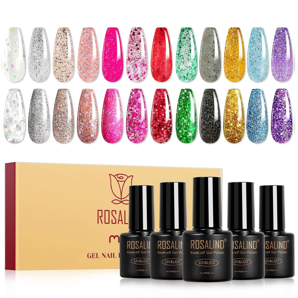 ROSALIND glitter gel polish bottles show the 12-color sparkle set for at-home manicures.