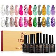 ROSALIND glitter gel polish bottles show the 12-color sparkle set for at-home manicures.