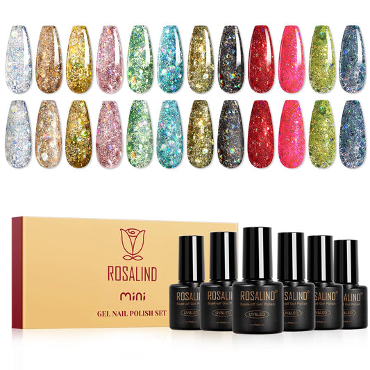 ROSALIND Glitter Sequins Gel Polish bottle closeup highlights vibrant sparkle for salon-quality nails
