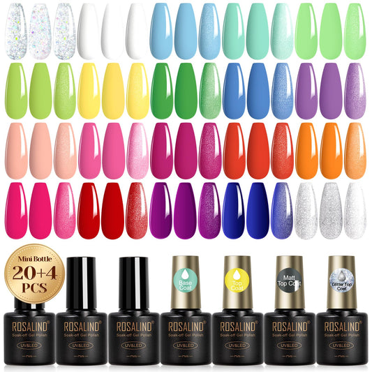 ROSALIND neon collection box shows 20 vibrant colors for at-home manicures.