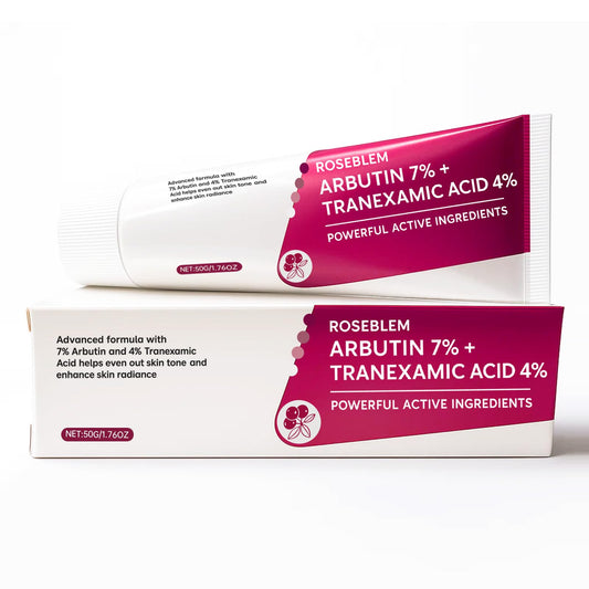Roseblem arbutin 7% + tranexamic 4% cream bottle closeup for brightening and even tone