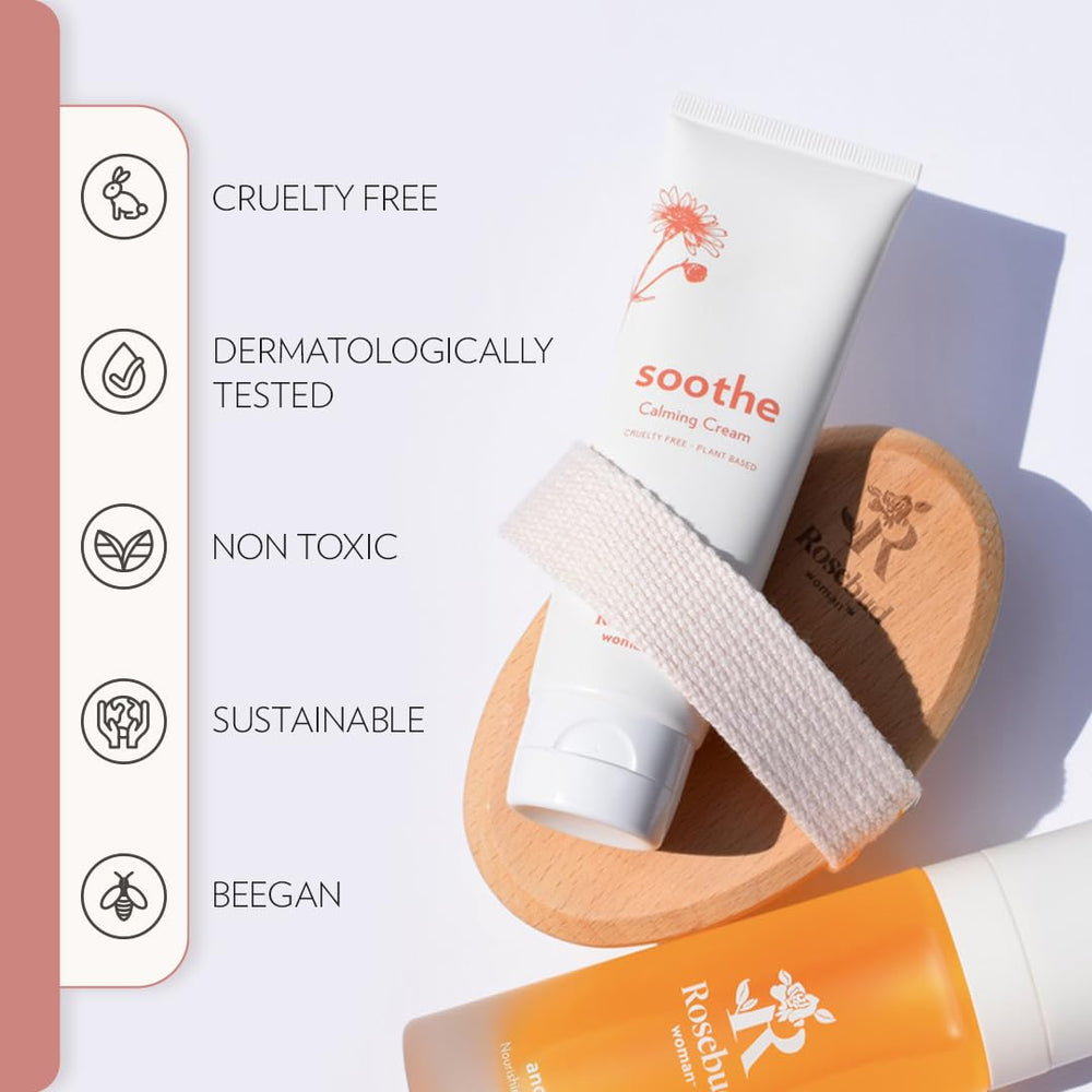 Label highlights dermatologist-tested, hormone-free formula of Rosebud Woman Soothe Calming Cream.