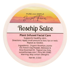 Rosehip Salve 2oz jar close-up highlights creamy texture for hydrated, radiant skin.