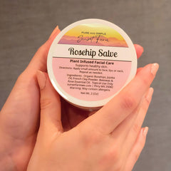 Rosehip Salve face-application demonstrates easy daily moisture boost for skin.