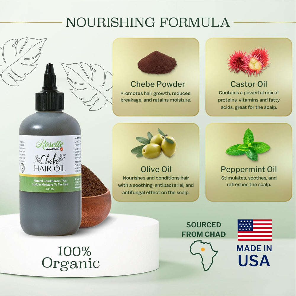 Roselle Naturals chebe powder ingredients support hair strength and shine.