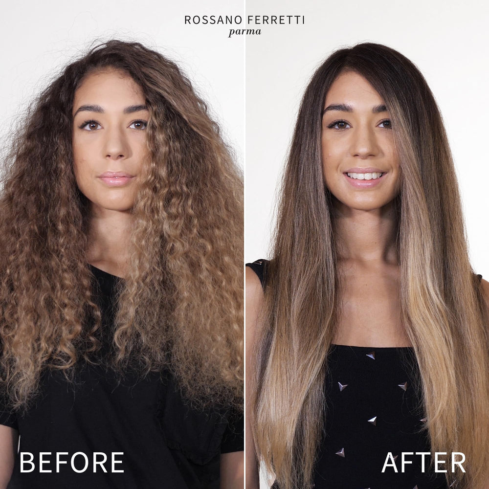 Rossano Ferretti Intenso Serum applied to hair for smoothing and shine.