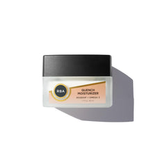 Round Barn Apothecary Quench bottle shows vegan daily moisturizer for hydrated skin.