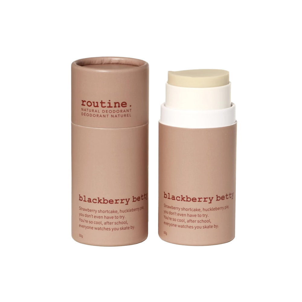 Close-up of Routine Blackberry Betty Deo Stick highlighting berry-vanilla scent