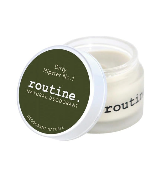 Routine Patchouli deodorant jar close-up showing earthy texture.