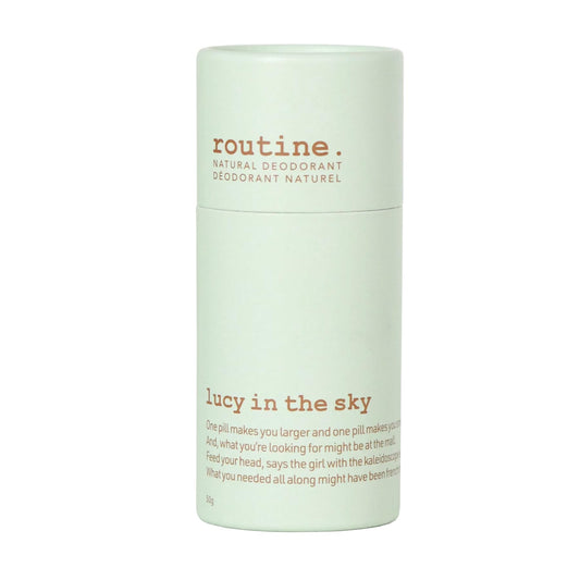 Routine Lucy in the Sky Deo Stick packaging highlights sustainable materials and design.