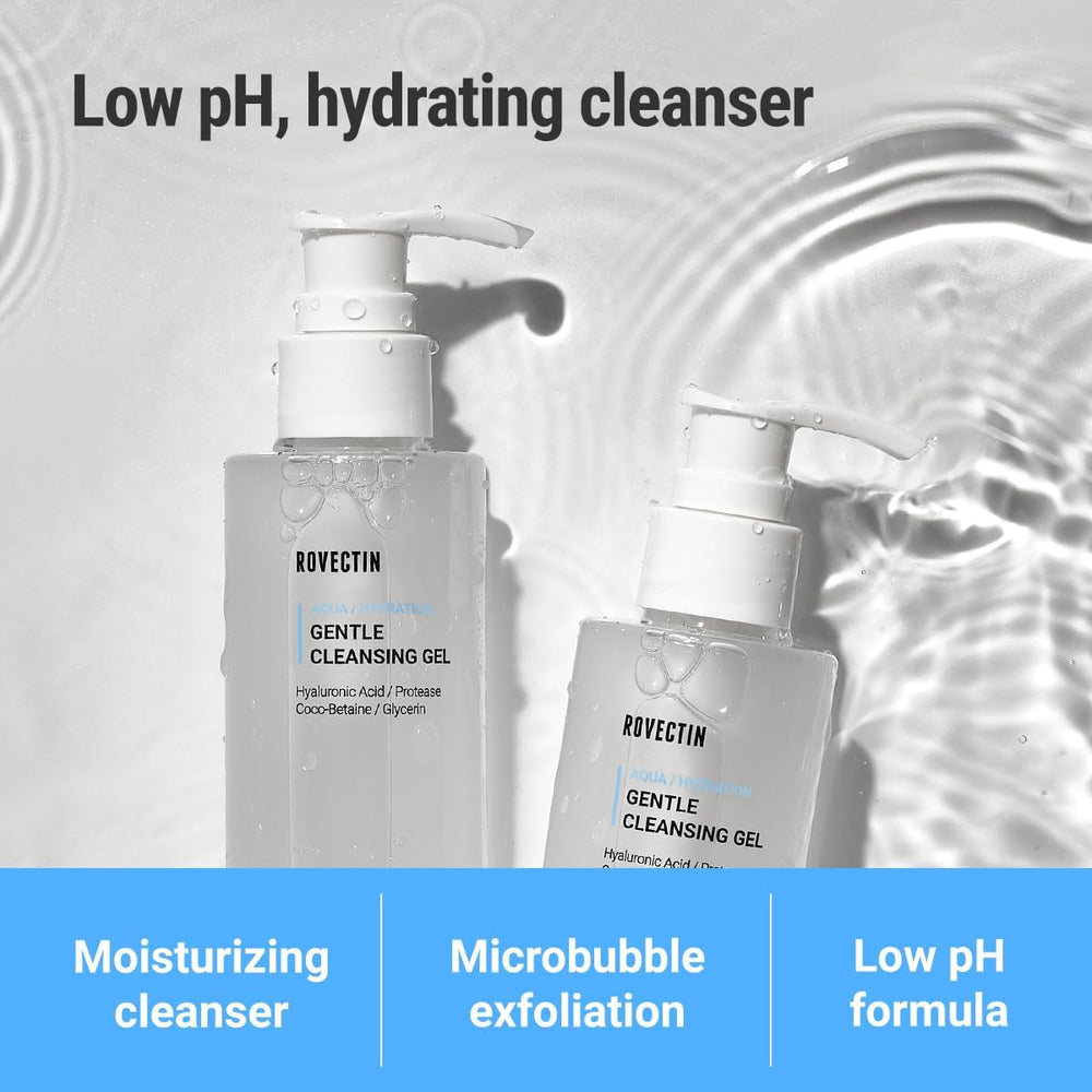 ROVECTIN Aqua Cleansing Gel bottle foaming gently to cleanse while preserving moisture.