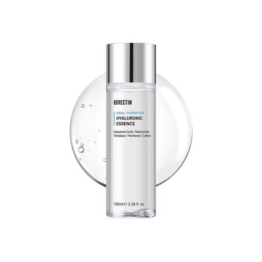 ROVECTIN Aqua Hyaluronic Essence bottle-front for a hydrated, plump complexion.