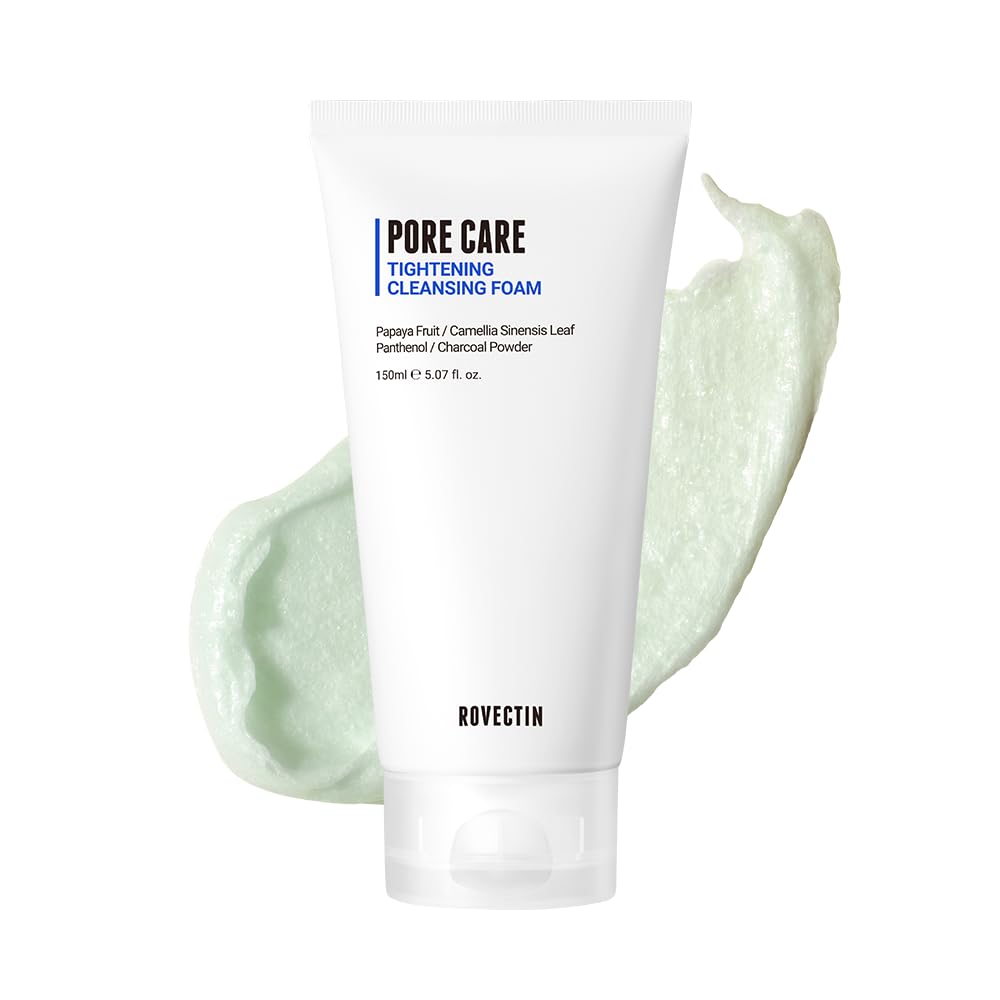 ROVECTIN pore tightening cleansing foam bottle pour showing product design and branding