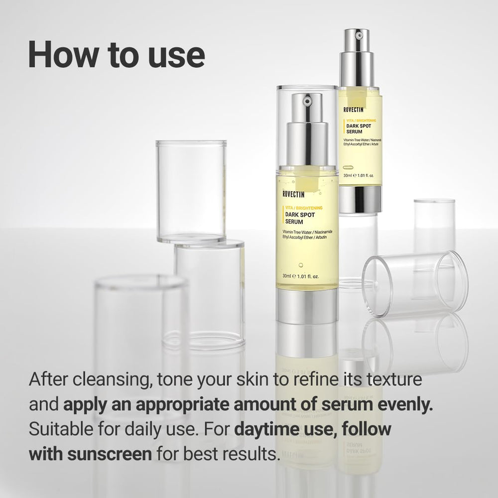 ROVECTIN Vita Dark Spot Serum packaging outer box emphasizes vegan safety and testing.