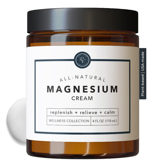 Rowe Casa Organics magnesium cream bottle illustrating sleep-friendly topical support for relaxation.