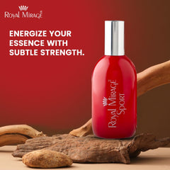 Royal Mirage Sport EDC spray bottle in use, long-lasting daily wear.
