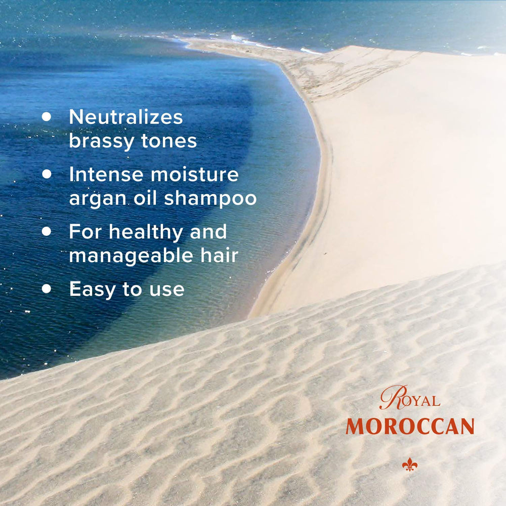 Royal Moroccan Best Silver Shampoo displays argan oil in a flask for intense moisture