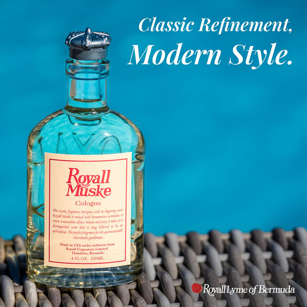 Royall Muske label close-up, heritage-inspired design for timeless appeal