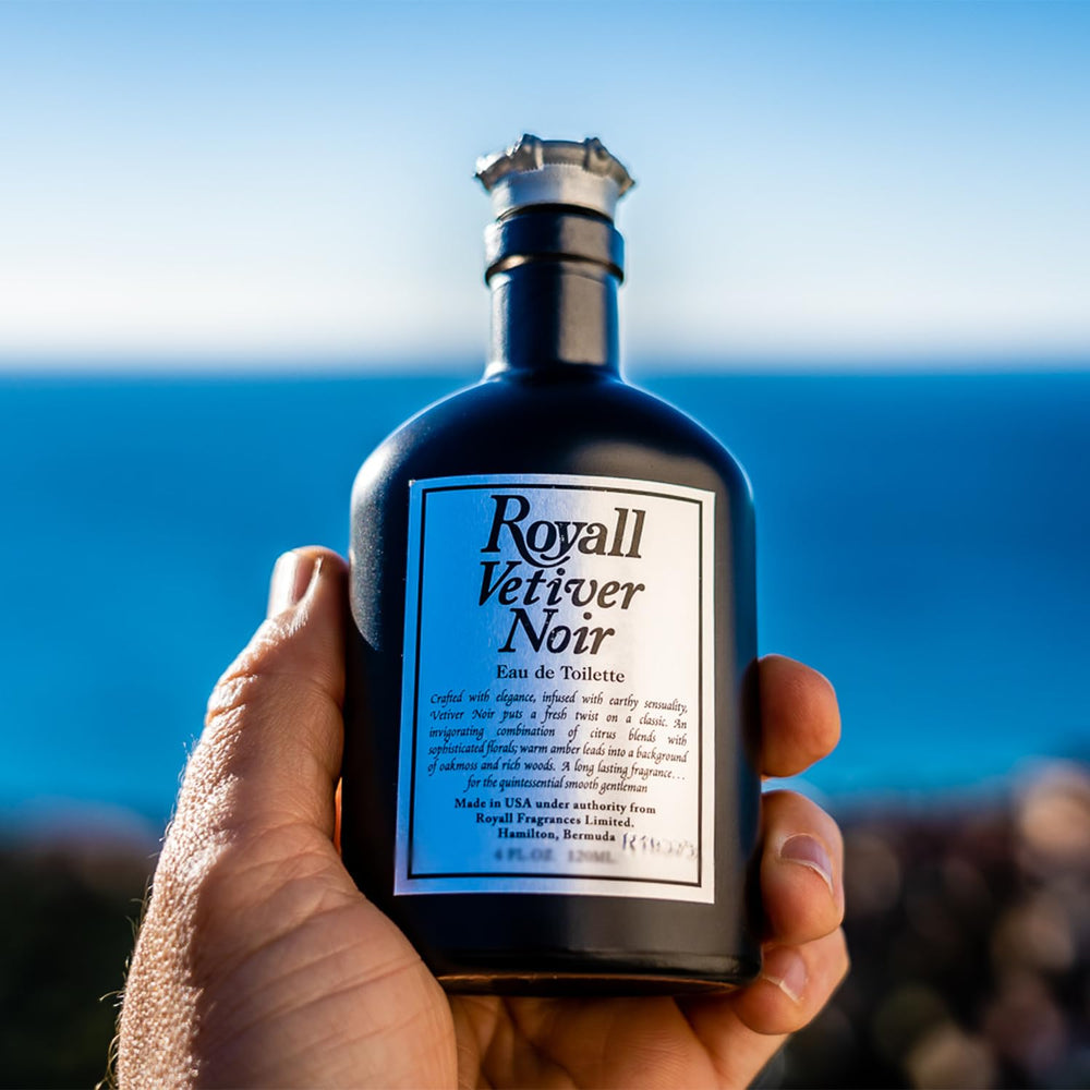 Royall Lyme Vetiver Noir bottle close-up, refined masculine vibe