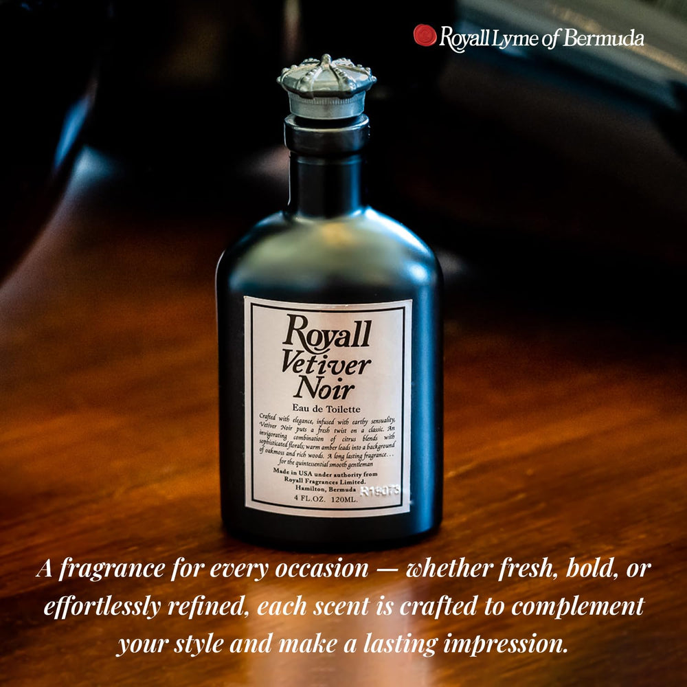 Royall Lyme Vetiver Noir grooming setup on vanity