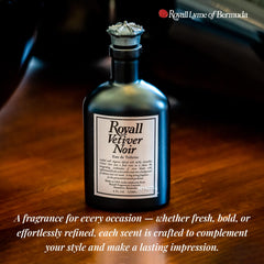 Royall Lyme Vetiver Noir grooming setup on vanity