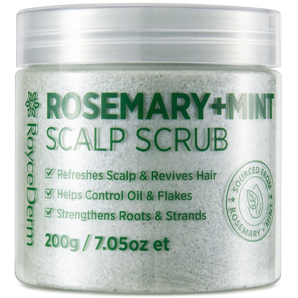 RoyceDerm Rosemary Mint Scalp Scrub bottle with cooling sensation for refreshed scalp