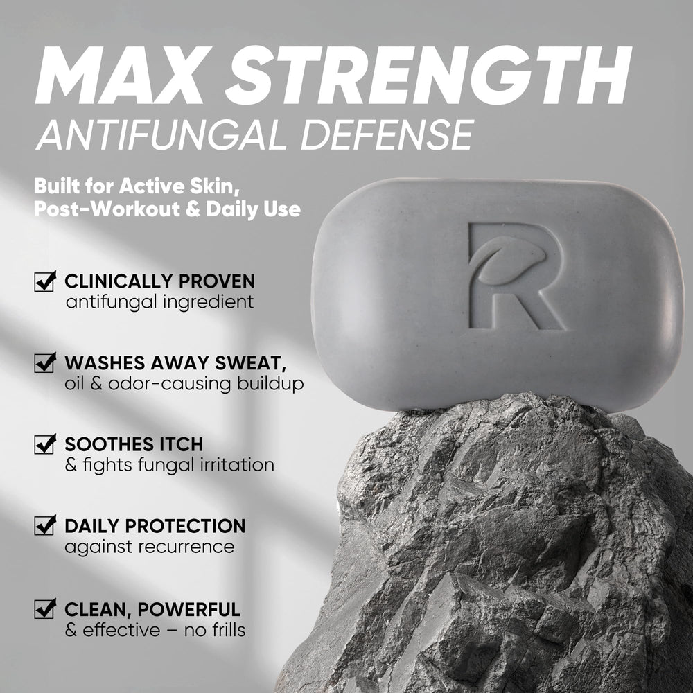 Roycederm Antifungal Soap volcanic ash close-up shows purifying texture for thorough dirt and oil removal