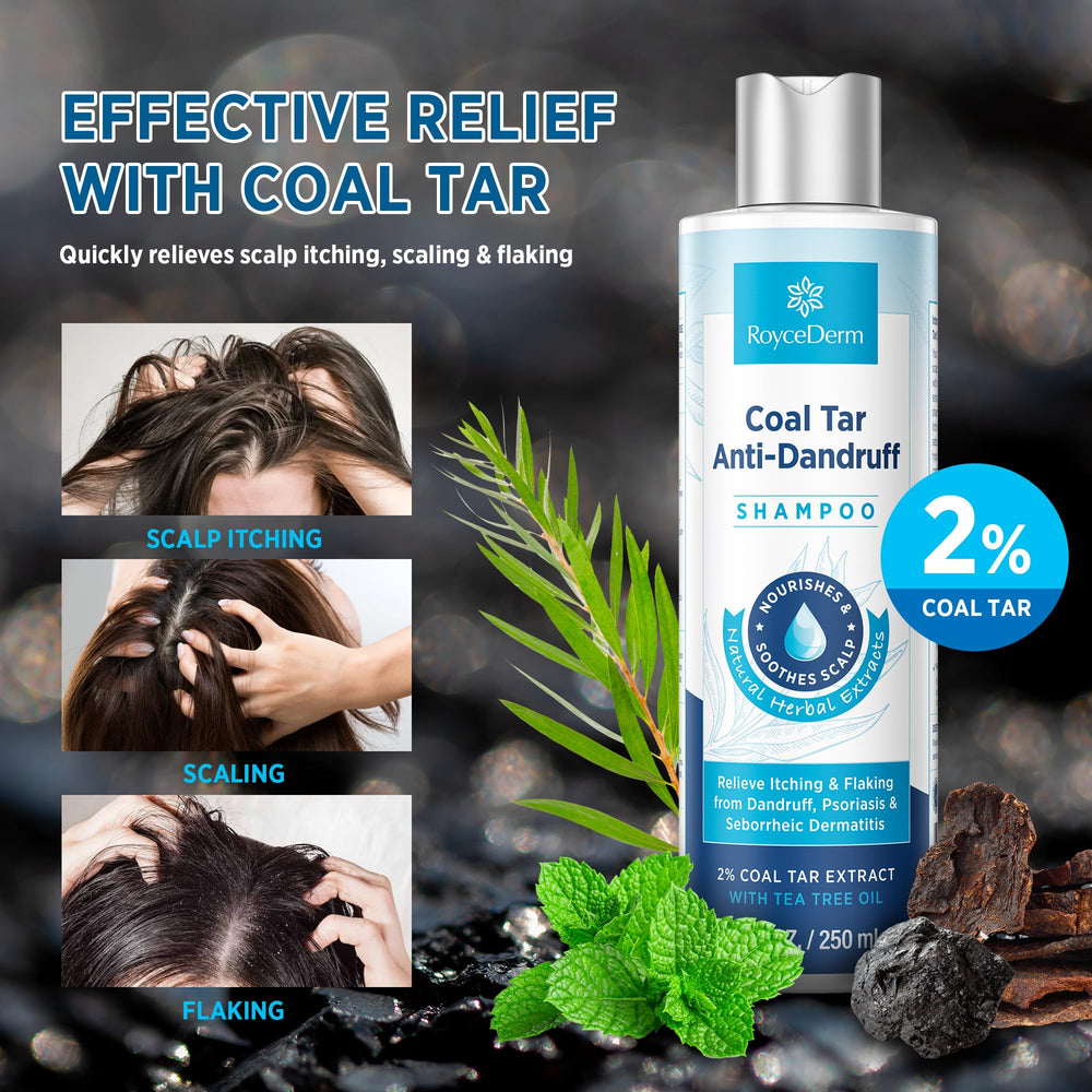 RoyceDerm Coal Tar Dandruff Shampoo rich lather targets flakes while hydrating hair.