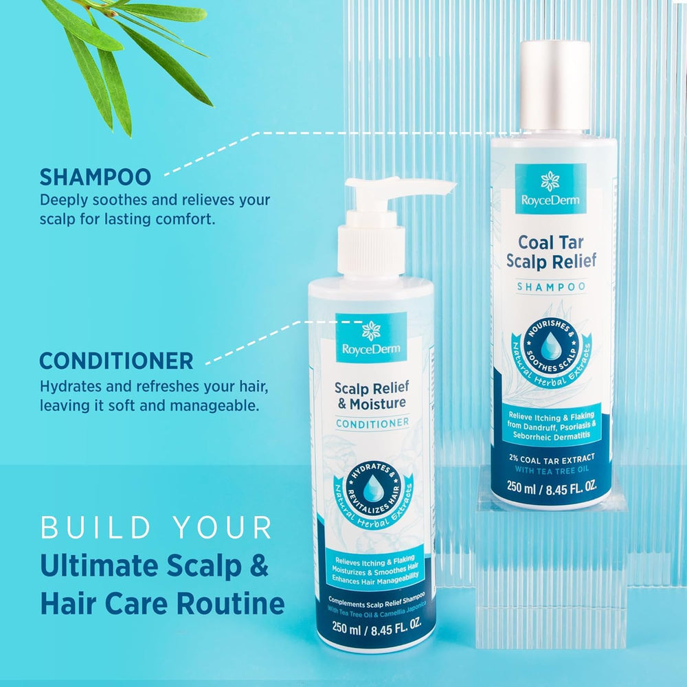 Roycederm Coal Tar Shampoo full bottle on display for home scalp care routine