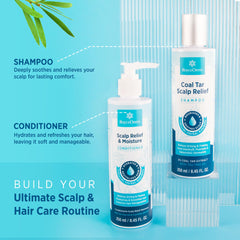 Roycederm Scalp Relief & Moisture Conditioner pair with coal tar shampoo visual suggests integrated scalp care routine