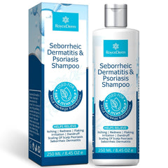 Roycederm Psoriasis Shampoo bottle pour for simple itch relief.