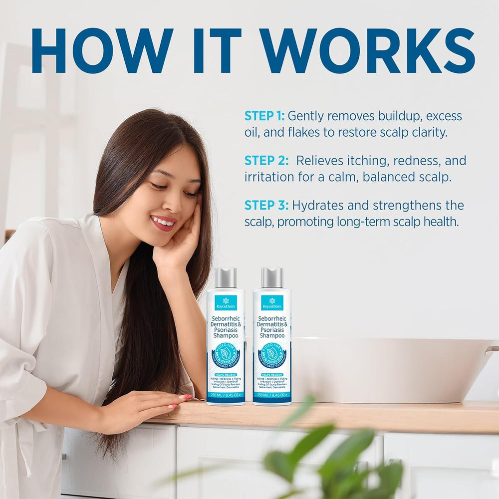 Roycederm Psoriasis Shampoo held in hand for scalp care routine