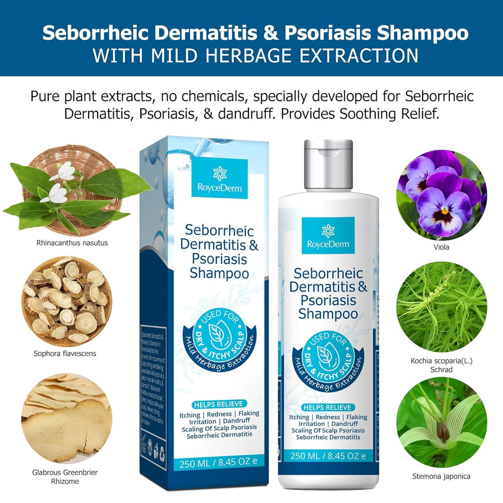 Roycederm Psoriasis Shampoo on sink with foam indicates thorough cleansing.