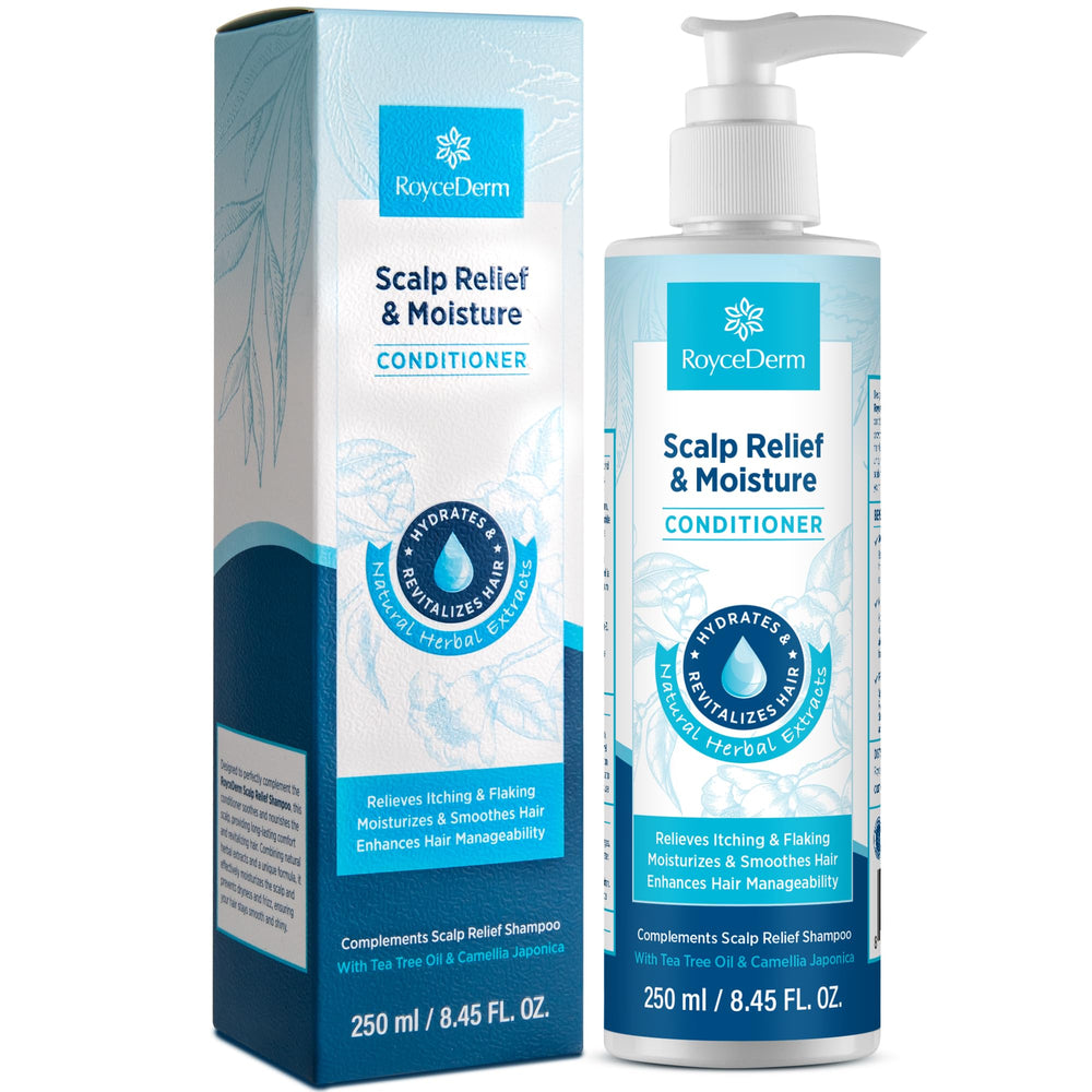 Roycederm Scalp Relief & Moisture Conditioner bottle pouring for soothing scalp hydration