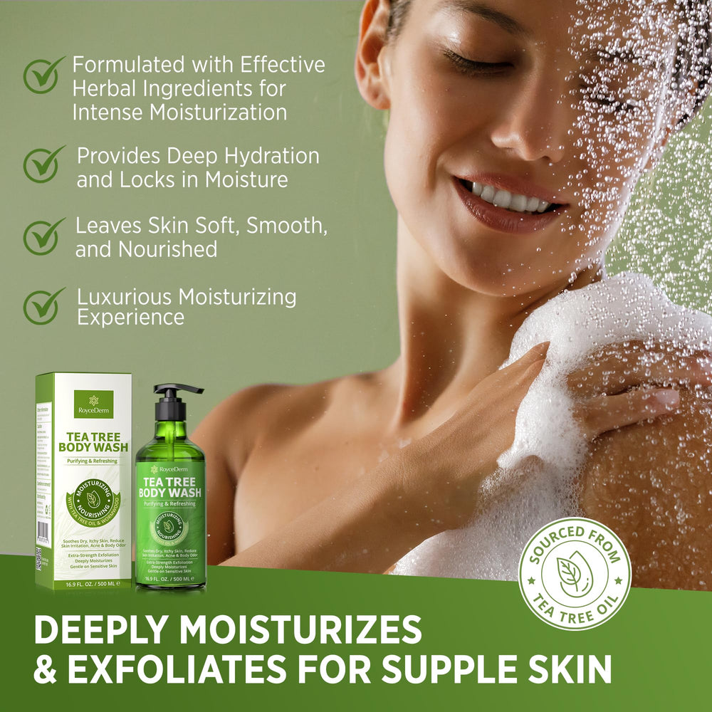 Roycederm Tea Tree Ingredients closeup features tea tree oil and wormwood.