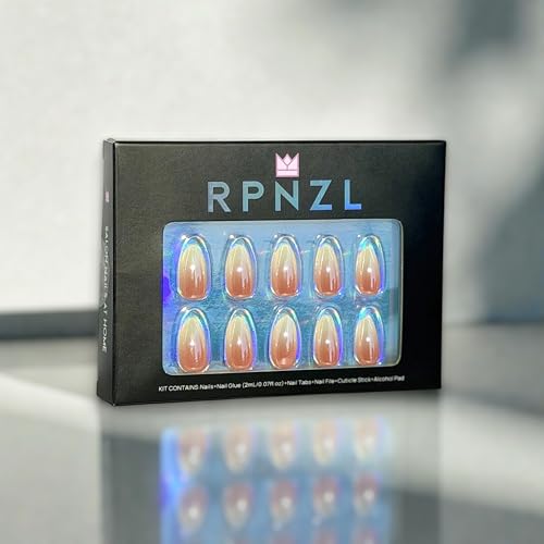 RPNZL French-tip almond nails with UV finish for long-lasting wear at home.